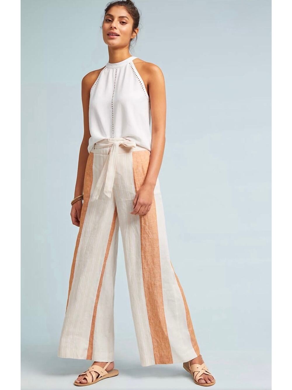 Anthropologie Ett Twa Orange Striped Linen Wide Leg Pants High Waist Tie Waist 6